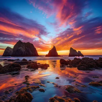 Sunset Glow over Coastal Sea Stacks