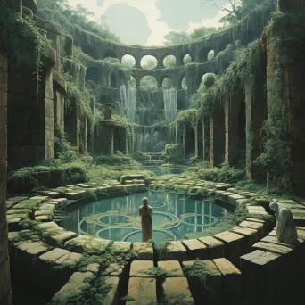 Image of a mystical seer staring into a pool of water among ancient ruins and ivy-covered statues - Image 3