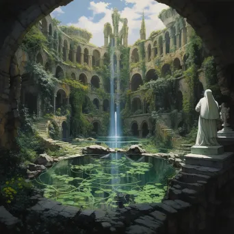 Image of a mystical seer staring into a pool of water among ancient ruins and ivy-covered statues - Image 4