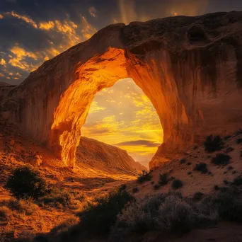 Natural rock arch in a desert illuminated by sunset - Image 1