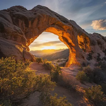 Natural rock arch in a desert illuminated by sunset - Image 2