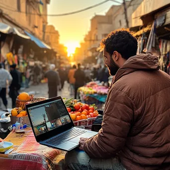 Freelancer using laptop in a colorful local market - Image 1