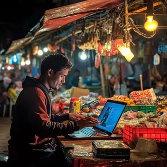 Freelancer using laptop in a colorful local market - Image 2