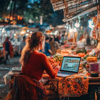 Freelancer using laptop in a colorful local market - Image 4