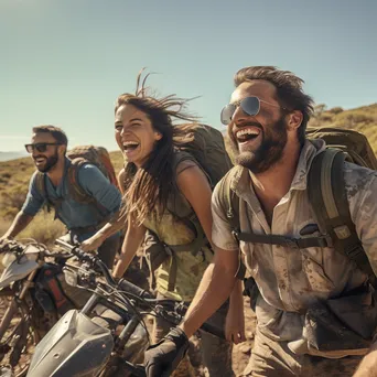 Friends laughing while navigating a rugged off-road trail under blue skies. - Image 3