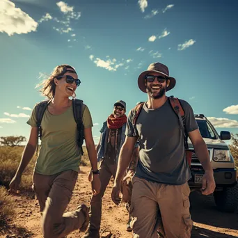 Friends laughing while navigating a rugged off-road trail under blue skies. - Image 4