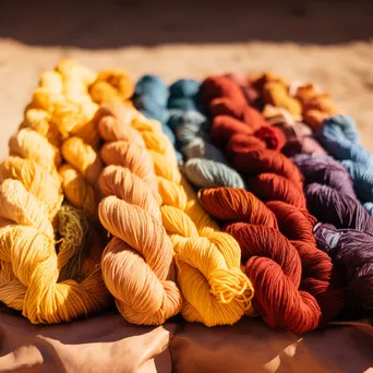 Close-up of colorful naturally dyed wool skeins drying in sunlight - Image 1