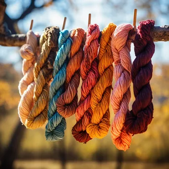 Close-up of colorful naturally dyed wool skeins drying in sunlight - Image 2