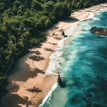 Tropical island aerial view with helicopters landing, beach scene - Image 1