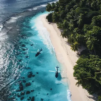 Tropical island aerial view with helicopters landing, beach scene - Image 2