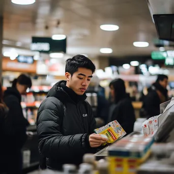 Cashier focused on scanning items with customers waiting in line at express checkout. - Image 3