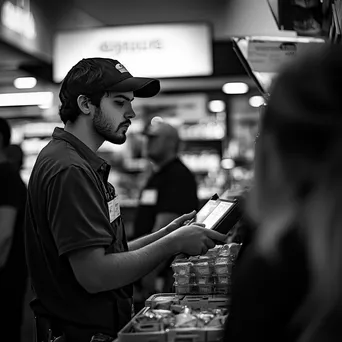 Cashier focused on scanning items with customers waiting in line at express checkout. - Image 4