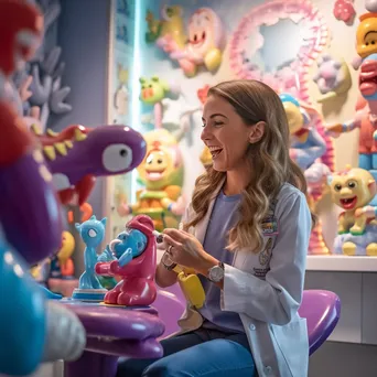 Dentist examining child in colorful dental office - Image 1