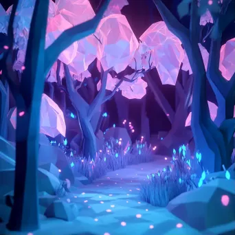 Glowing, low poly depiction of an enchanted forest with mystical creatures - Image 1