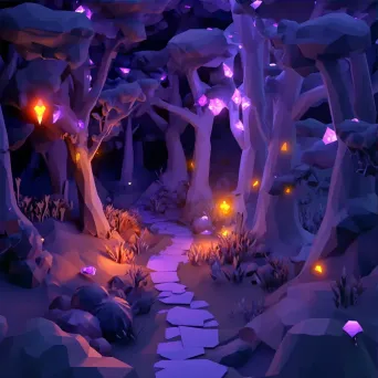 Glowing, low poly depiction of an enchanted forest with mystical creatures - Image 3