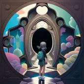 Young girl entering a magical mirror-like portal - Image 1