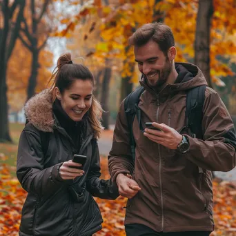 Couple jogging in a park while checking fitness app on smartphone - Image 1