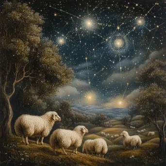 Night scene of enchanted sheep grazing, with stars and constellations mirrored in the landscape - Image 2