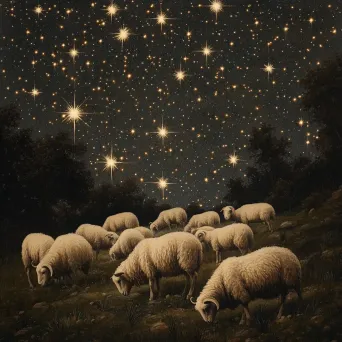 Night scene of enchanted sheep grazing, with stars and constellations mirrored in the landscape - Image 3