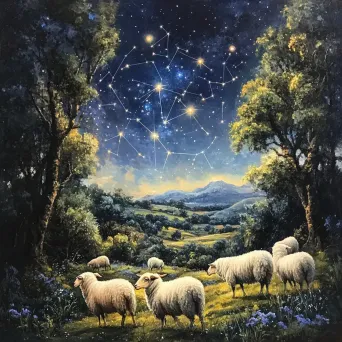 Night scene of enchanted sheep grazing, with stars and constellations mirrored in the landscape - Image 4