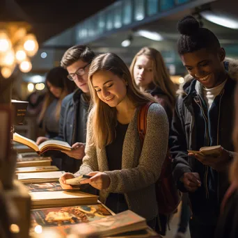 Students looking through books in a university bookstore with warm lighting. - Image 4