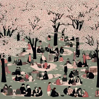 Hanami festival with people under blooming cherry blossom trees in Japan - Image 4