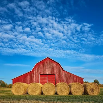 Barn with hay bales under blue sky - Image 2