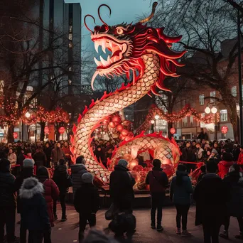 Dragon dance and red lanterns during Lunar New Year celebrations. - Image 1