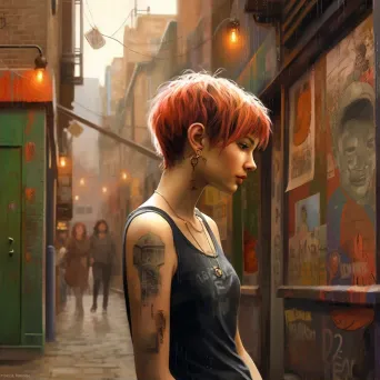 Woman with a pixie haircut sketching in a graffiti-covered alley - Image 2