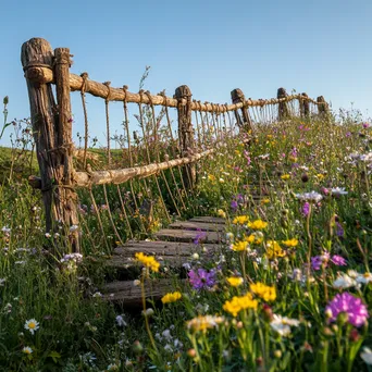 Weathered rope bridge in spring wildflowers - Image 2