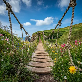 Weathered rope bridge in spring wildflowers - Image 3