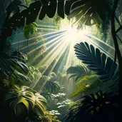 Illustration of a tropical rainforest with sunlight filtering through the canopy - Image 1