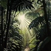 Illustration of a tropical rainforest with sunlight filtering through the canopy - Image 2