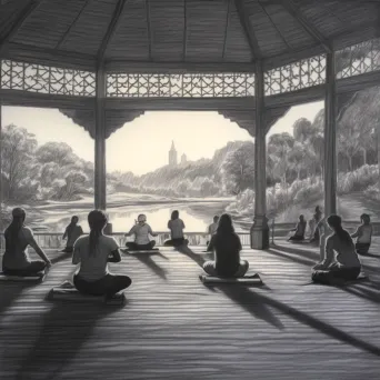 Yoga practice at sunrise captured in a delicate charcoal sketch - Image 1