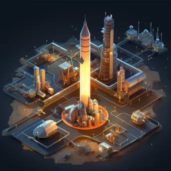 Isometric view of a low poly spaceport with launching rockets - Image 4