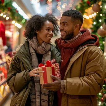 A couple joyfully discussing holiday gifts in a decorated store. - Image 2