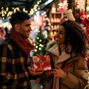 A couple joyfully discussing holiday gifts in a decorated store. - Image 3