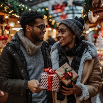 A couple joyfully discussing holiday gifts in a decorated store. - Image 4