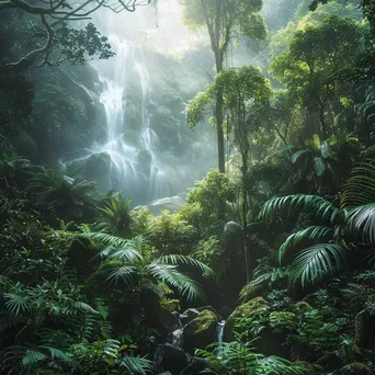 Misty rainforest with waterfalls and diverse plants in morning light - Image 2