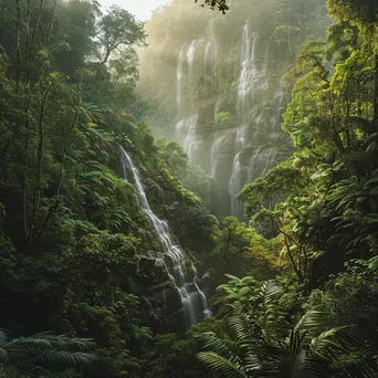 Misty rainforest with waterfalls and diverse plants in morning light - Image 3