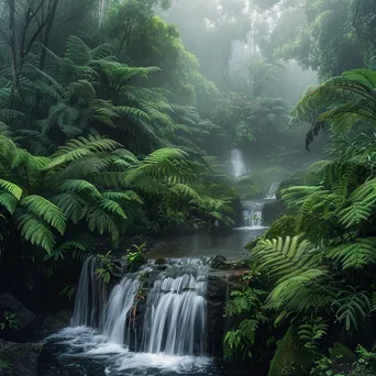 Misty rainforest with waterfalls and diverse plants in morning light - Image 4