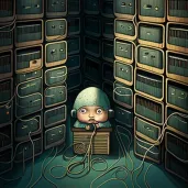 Lonely cubicle worker surrounded by towering stacks of data servers - Image 1