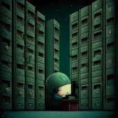 Lonely cubicle worker surrounded by towering stacks of data servers - Image 3