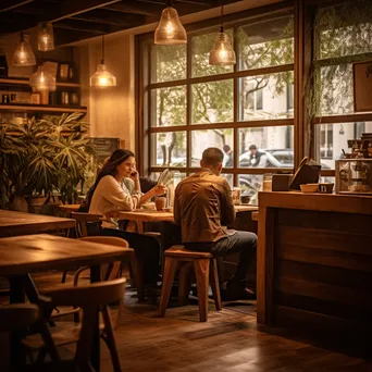 Interior of a cozy coffee shop with wooden tables and warm lighting. - Image 2