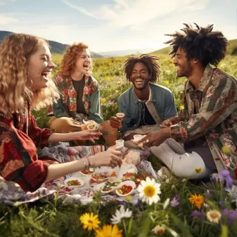 Group of friends enjoying a picnic in a sunlit meadow. - Image 3