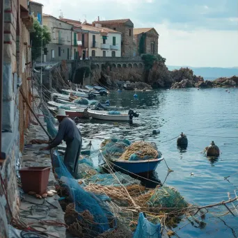 Seaside fishing village with fishermen repairing nets and boats - Image 1