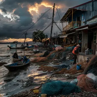 Seaside fishing village with fishermen repairing nets and boats - Image 3