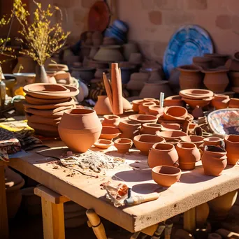 Assorted clay pots drying on a table outdoors - Image 1