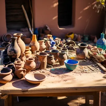 Assorted clay pots drying on a table outdoors - Image 3