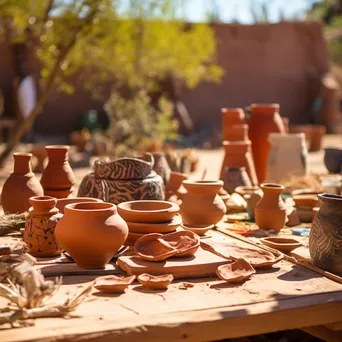 Assorted clay pots drying on a table outdoors - Image 4